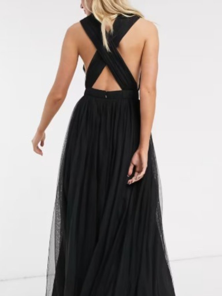 Asos Design Plunge Tiered Grecian Tulle Maxi Dress In Black